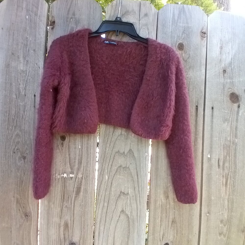 Zara Bolero Womens Sz M Burgundy Crop Soft Touch Flufy Open Cardigan Long Sleeve